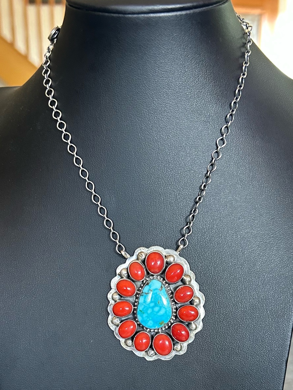 King Turquoise And Coral Sterling Silver Native Cluster Necklace Pendant